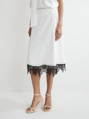 Lace-Trimmed Polka Dot Midi Skirt