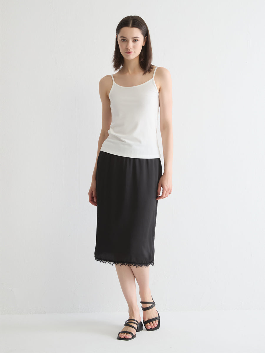 Lace-Trimmed Satin Midi Skirt