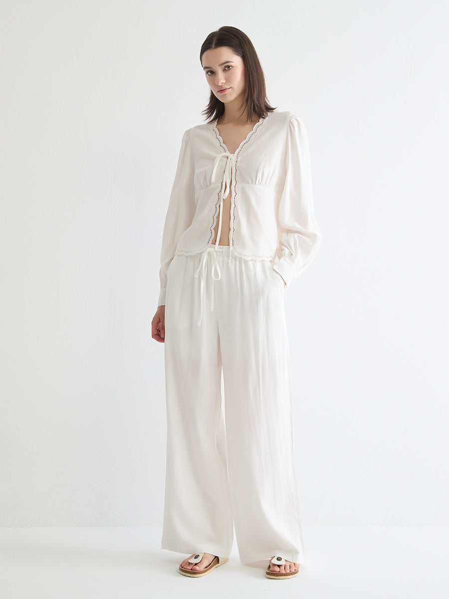 Embroidered Tie-Front Blouse
