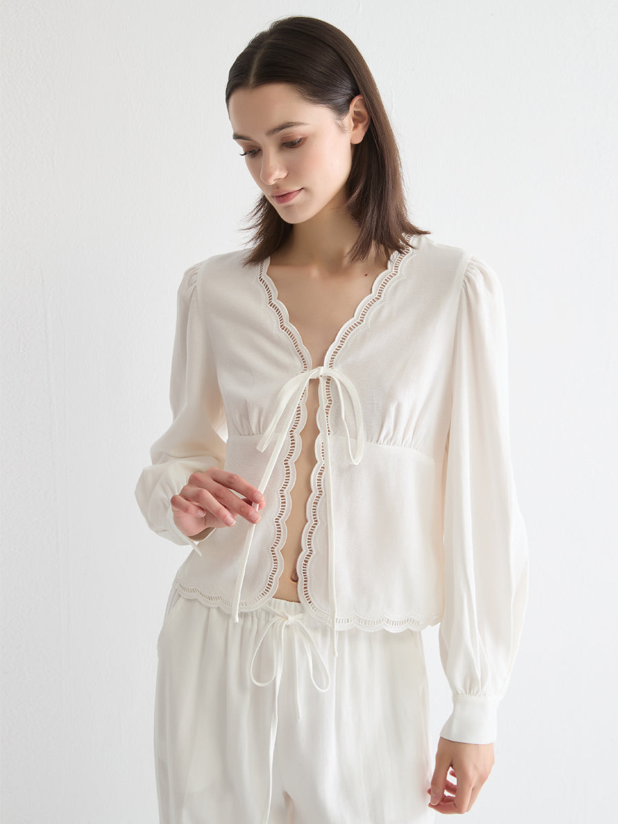 Embroidered Tie-Front Blouse
