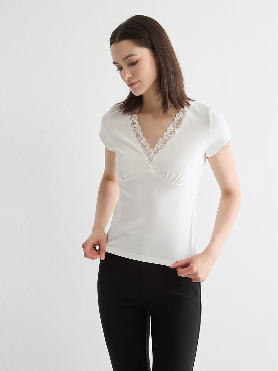 Lace-Trimmed Capsleeve Top