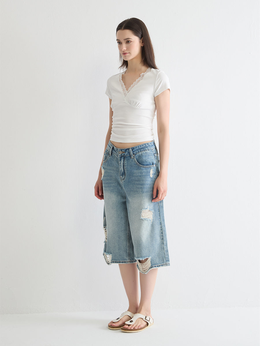 Distressed Below-Knee Denim Short