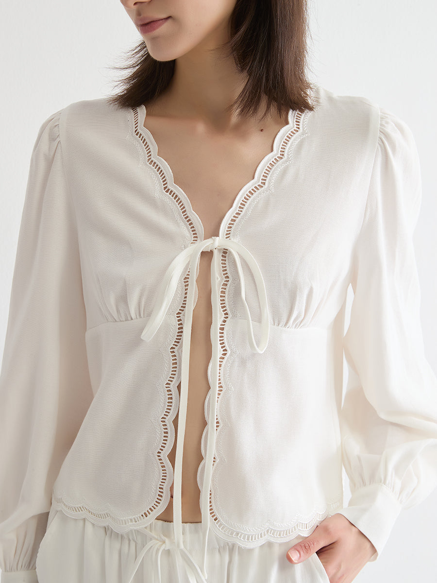 Embroidered Tie-Front Blouse