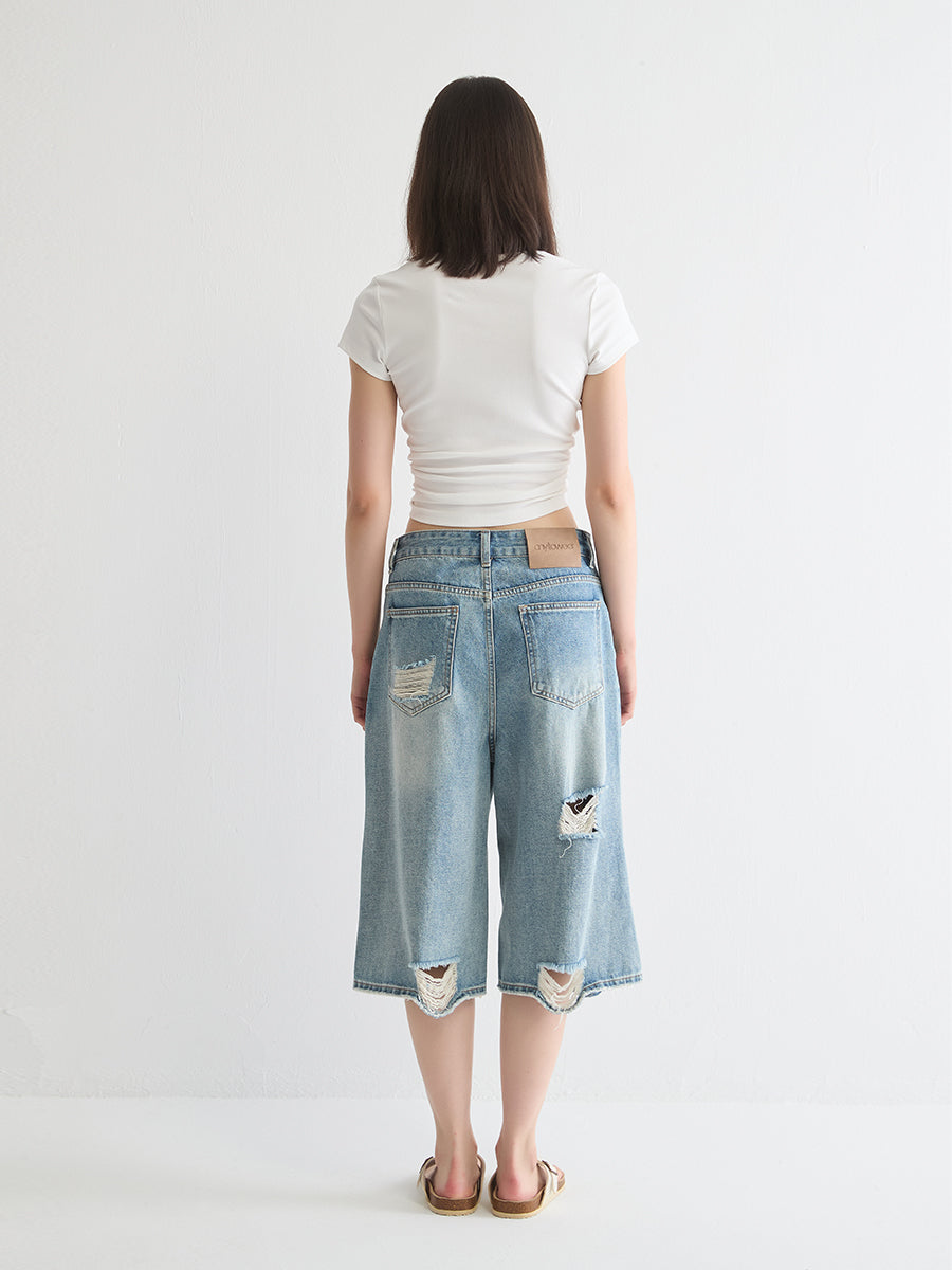 Distressed Below-Knee Denim Short