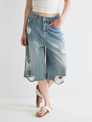 Distressed Below-Knee Denim Short