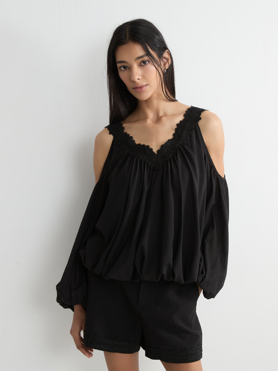 Lace-Trimmed V-Neck Blouse