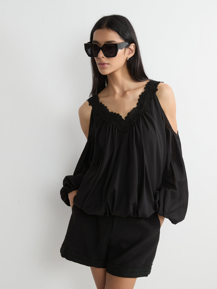Lace-Trimmed V-Neck Blouse