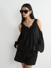 Lace-Trimmed V-Neck Blouse