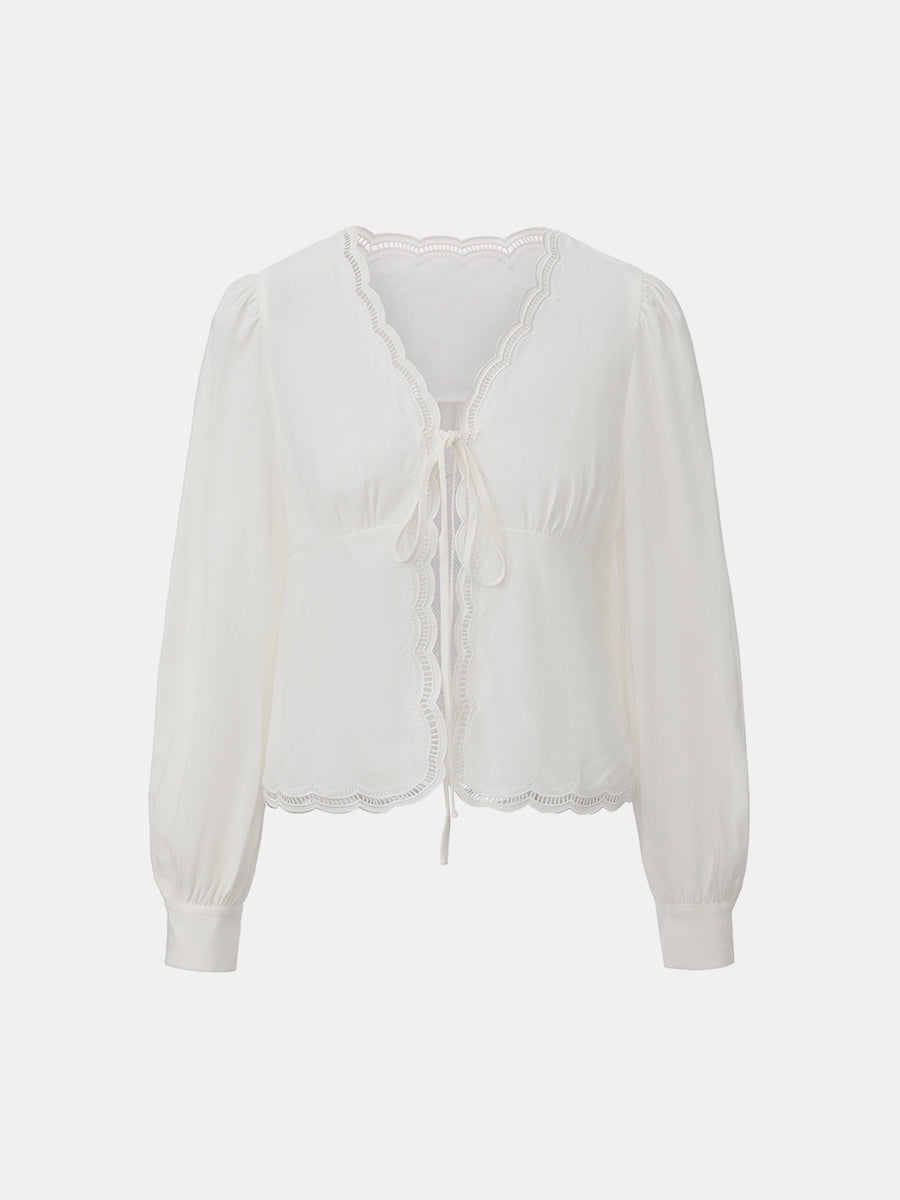 Embroidered Tie-Front Blouse