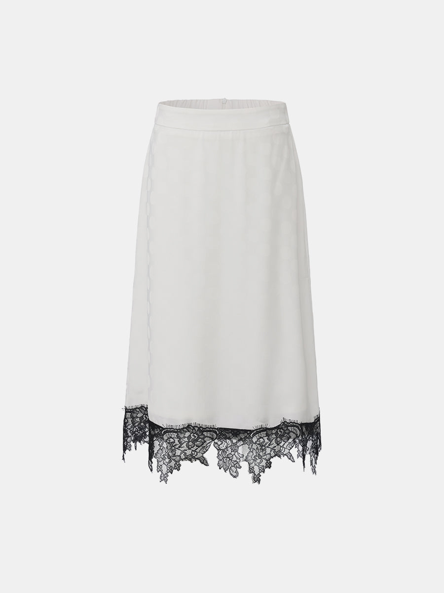 Lace-Trimmed Polka Dot Midi Skirt