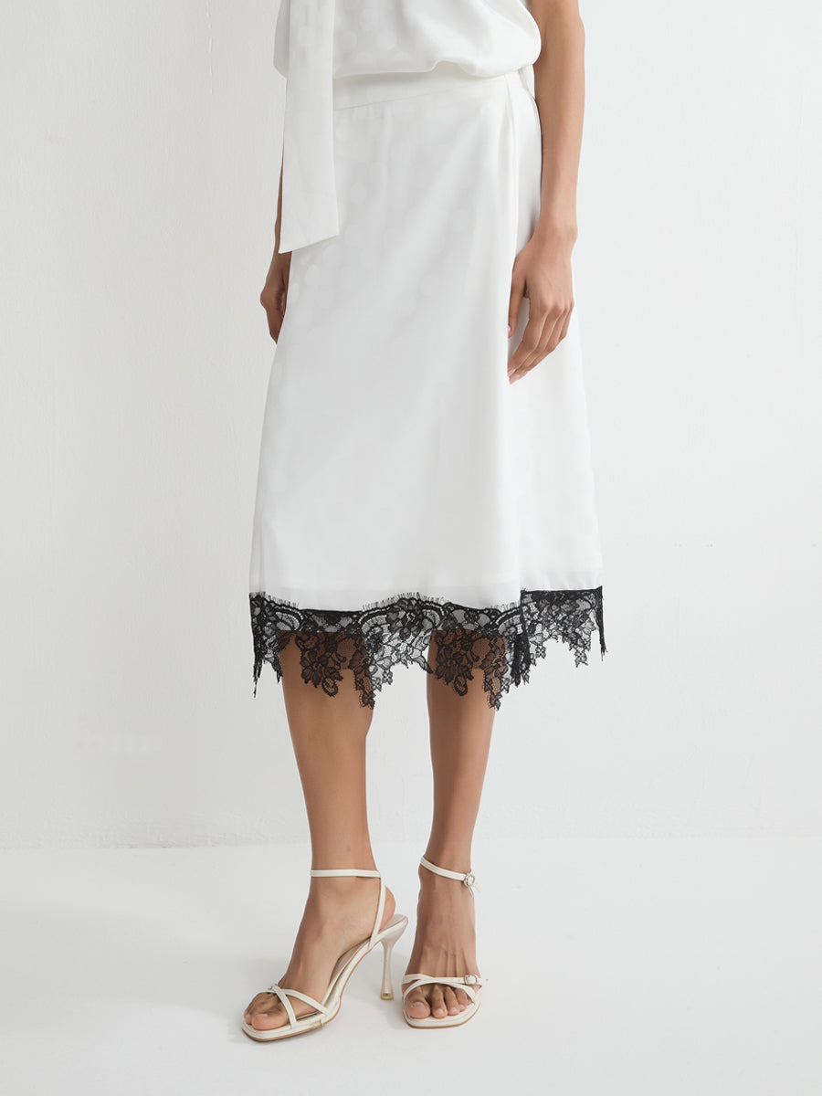 Lace-Trimmed Polka Dot Midi Skirt