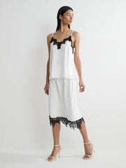 Lace-Trimmed Polka Dot Midi Skirt