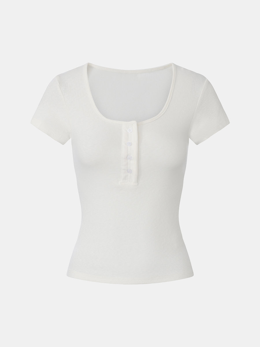 Ribbed Cotton Scoopneck T-Shirt