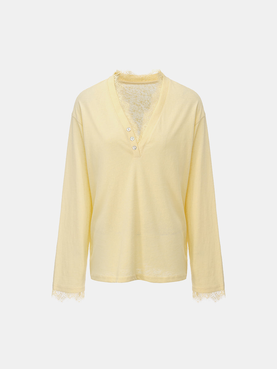 Lace-Trimmed  V-Neck Top