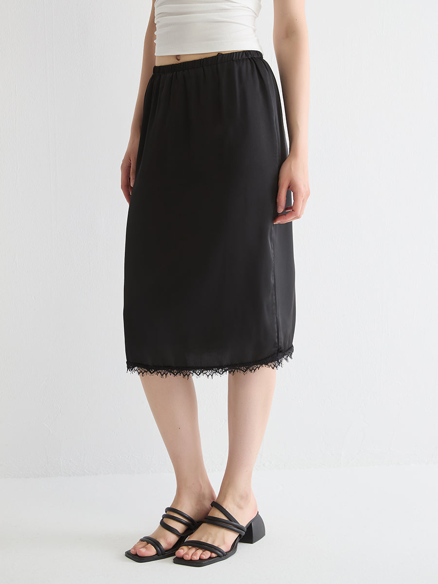 Lace-Trimmed Satin Midi Skirt
