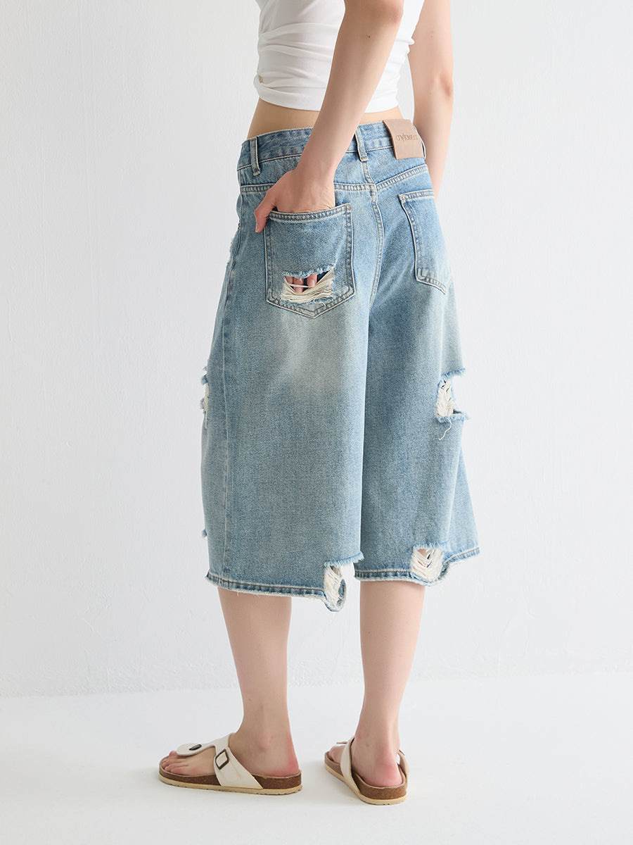 Distressed Below-Knee Denim Short
