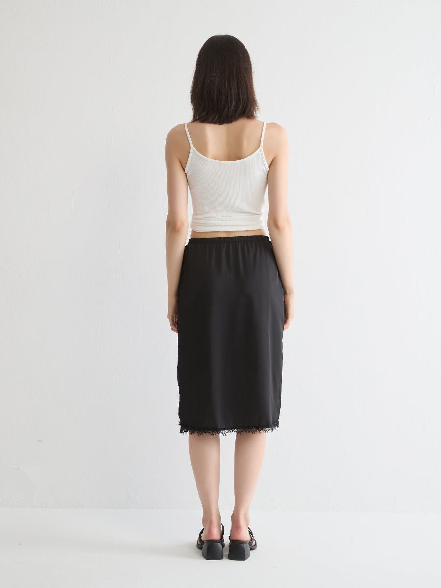 Lace-Trimmed Satin Midi Skirt